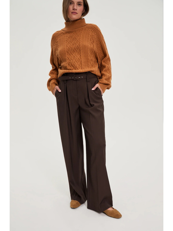 Moodo Hnedé nohavice so štruktúrou a páskom Moodo