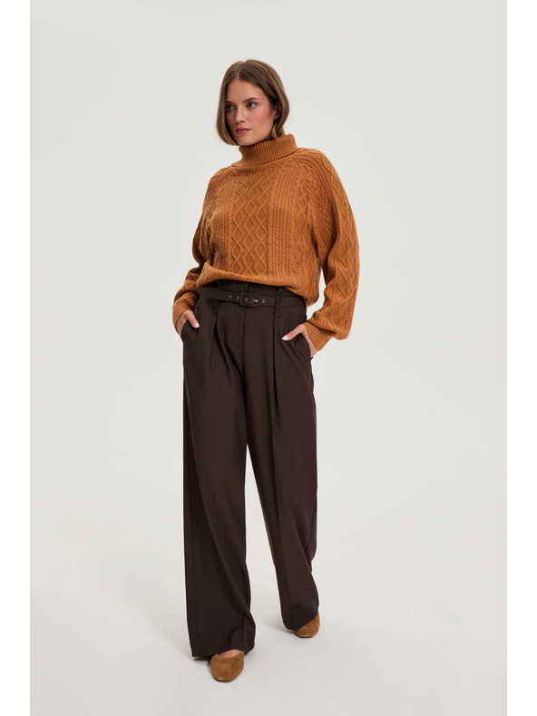 Moodo Hnedé nohavice so štruktúrou a páskom Moodo