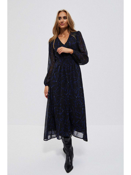 Moodo Čierne midi šaty s potlačou a nafúknutými rukávmi Moodo