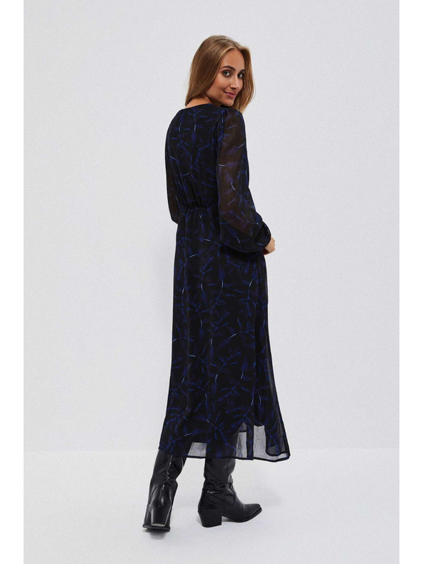 Moodo Čierne midi šaty s potlačou a nafúknutými rukávmi Moodo