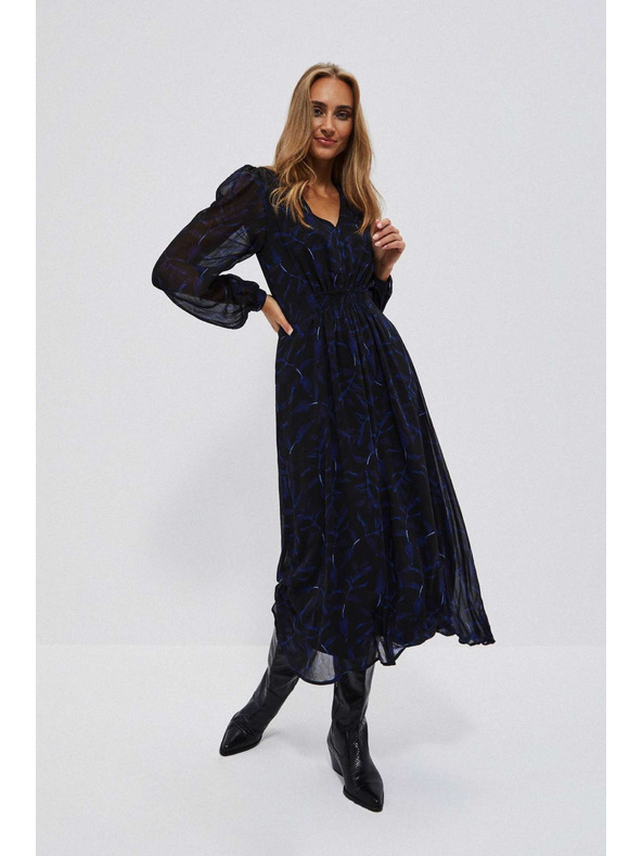 Moodo Čierne midi šaty s potlačou a nafúknutými rukávmi Moodo