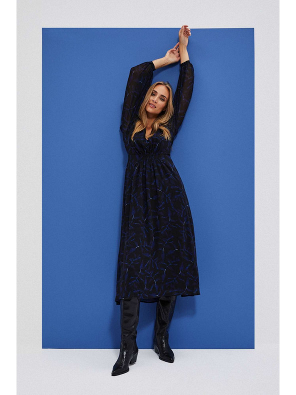 Moodo Čierne midi šaty s potlačou a nafúknutými rukávmi Moodo