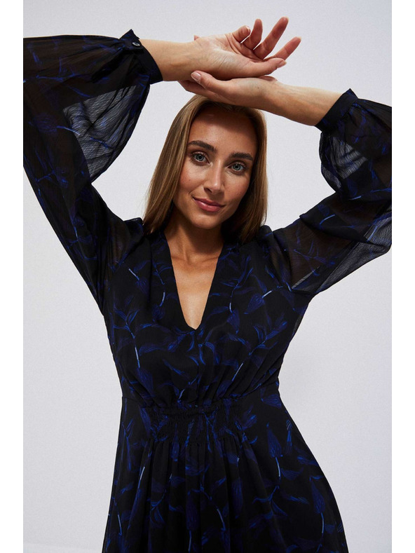 Moodo Čierne midi šaty s potlačou a nafúknutými rukávmi Moodo