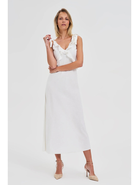 Moodo Biele midi šaty s volánikmi na výstrihu Moodo