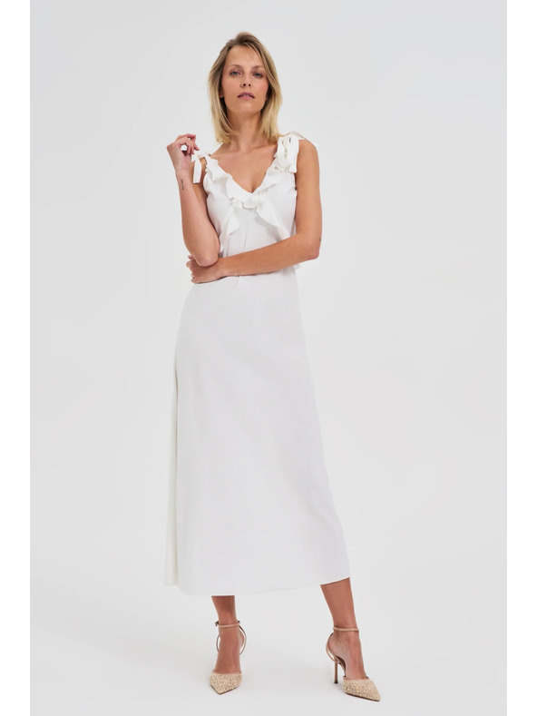 Moodo Biele midi šaty s volánikmi na výstrihu Moodo