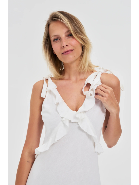 Moodo Biele midi šaty s volánikmi na výstrihu Moodo