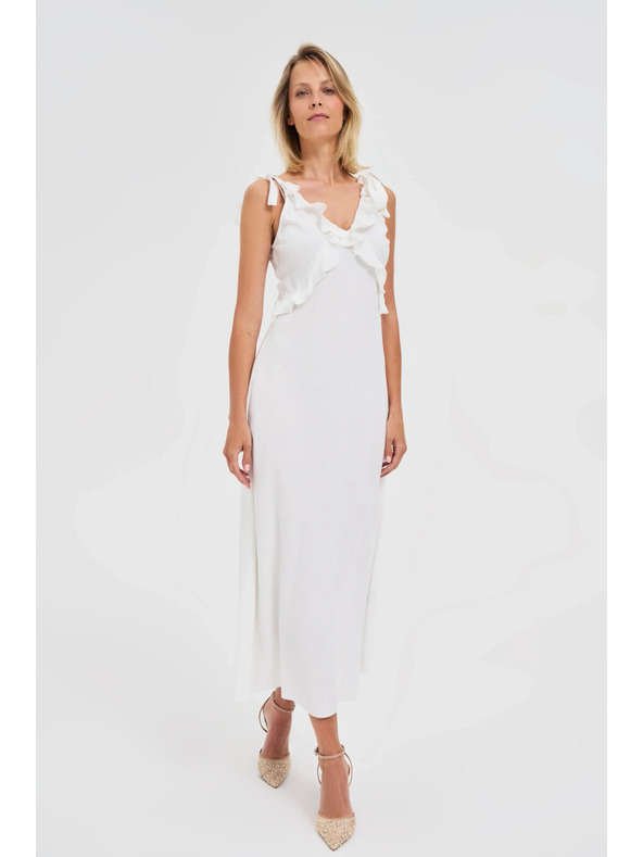 Moodo Biele midi šaty s volánikmi na výstrihu Moodo