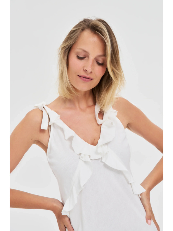 Moodo Biele midi šaty s volánikmi na výstrihu Moodo