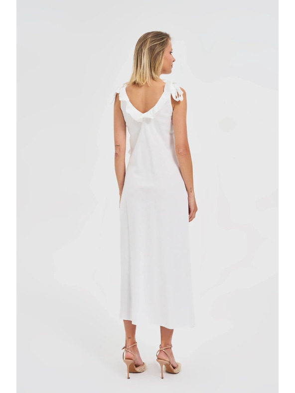 Moodo Biele midi šaty s volánikmi na výstrihu Moodo