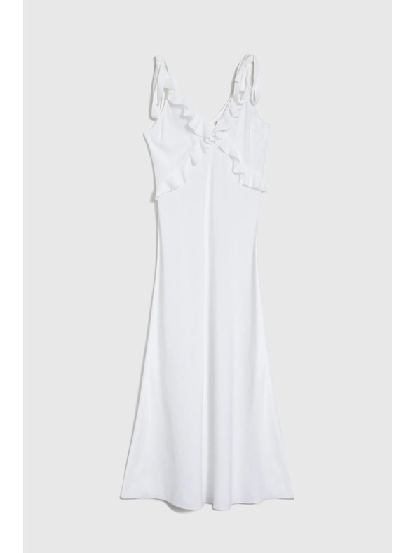 Moodo Biele midi šaty s volánikmi na výstrihu Moodo