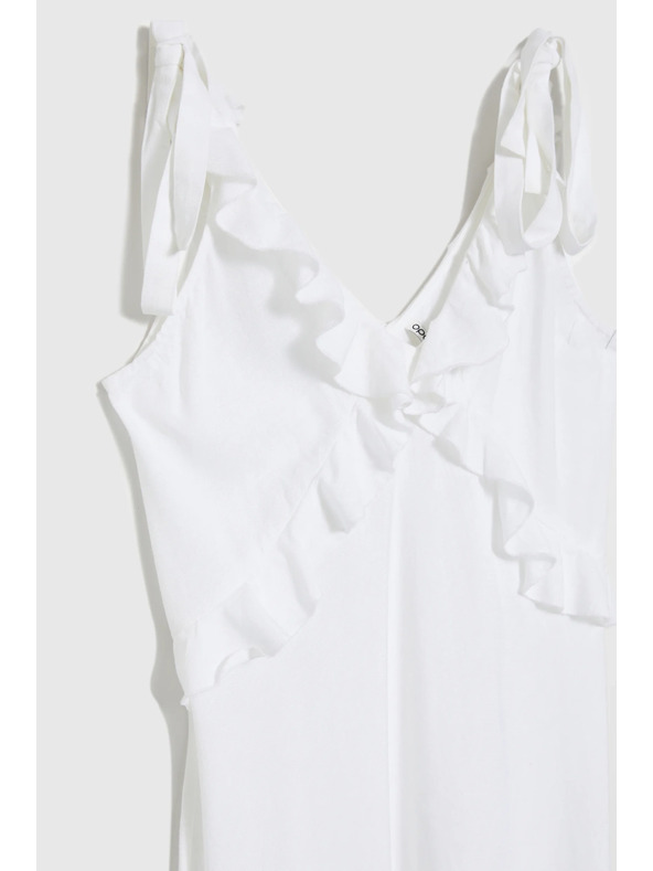 Moodo Biele midi šaty s volánikmi na výstrihu Moodo