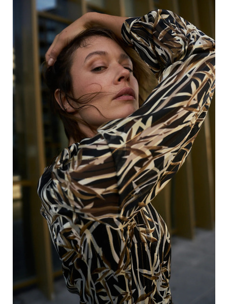 Moodo Čierne šaty s rastlinným vzorom a páskom Moodo