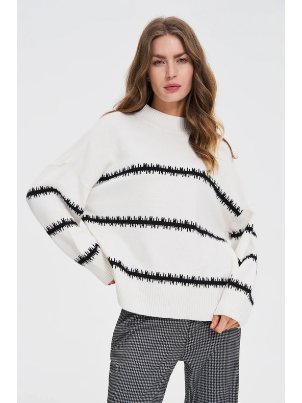 Moodo Biely sveter s pruhmi a zníženou líniou ramien Moodo
