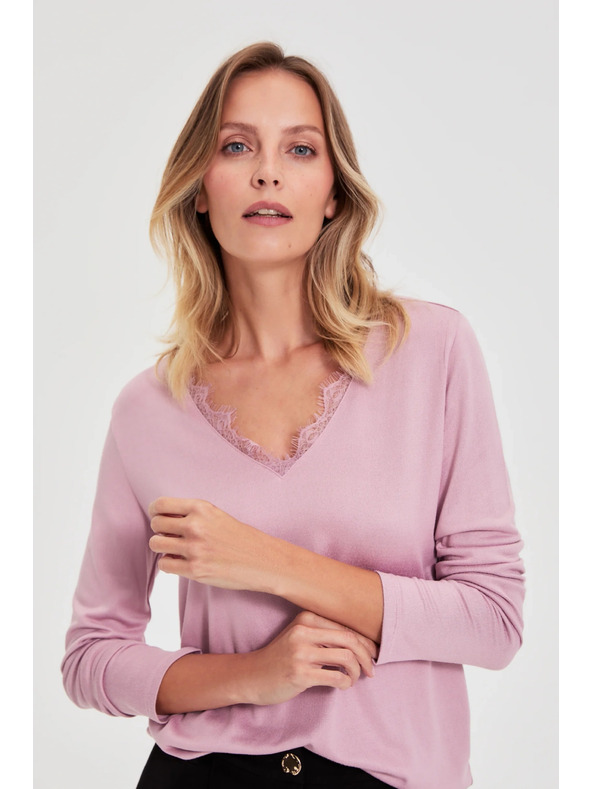 Moodo Sveter s čipkovaným výstrihom ružový Moodo