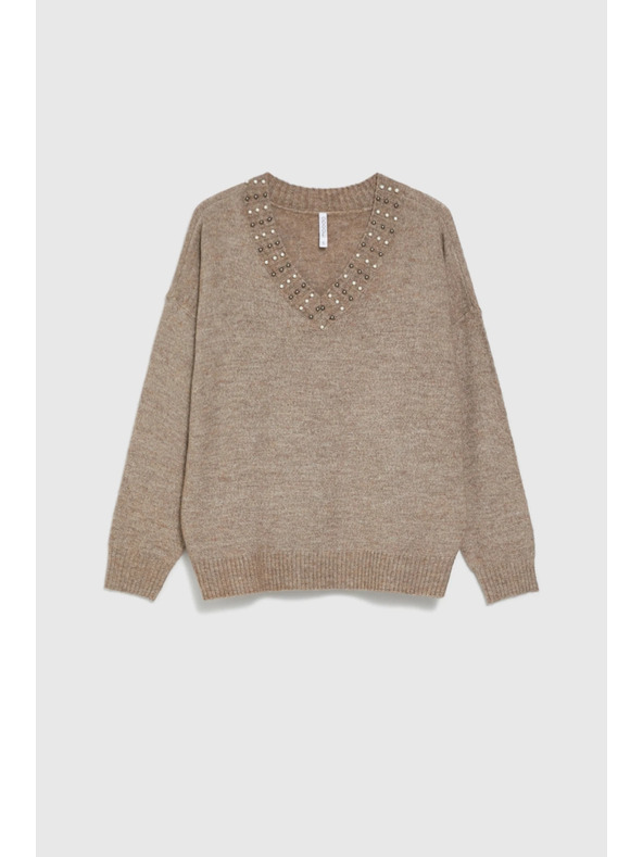 Moodo Hnedý sveter s ozdobným výstrihom Moodo