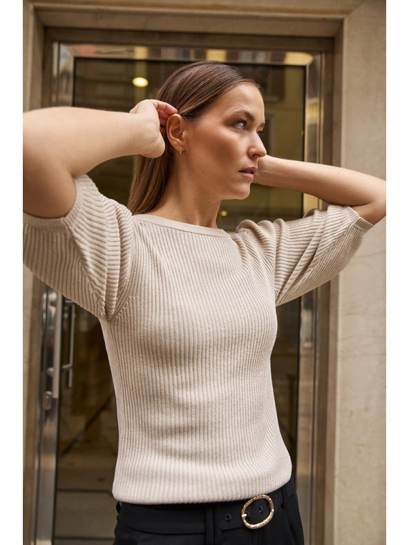 Moodo Rebrovaný sveter s nadýchanými rukávmi béžový Moodo