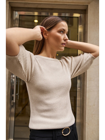 Moodo Rebrovaný sveter s nadýchanými rukávmi béžový Moodo