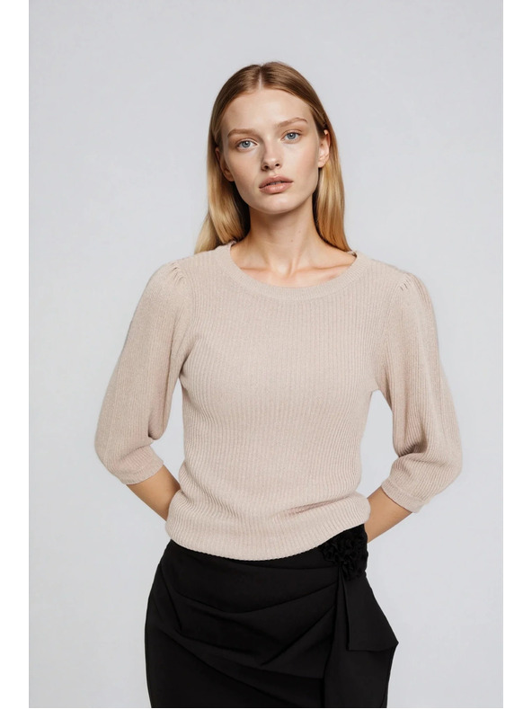 Moodo Rebrovaný sveter s nadýchanými rukávmi béžový Moodo