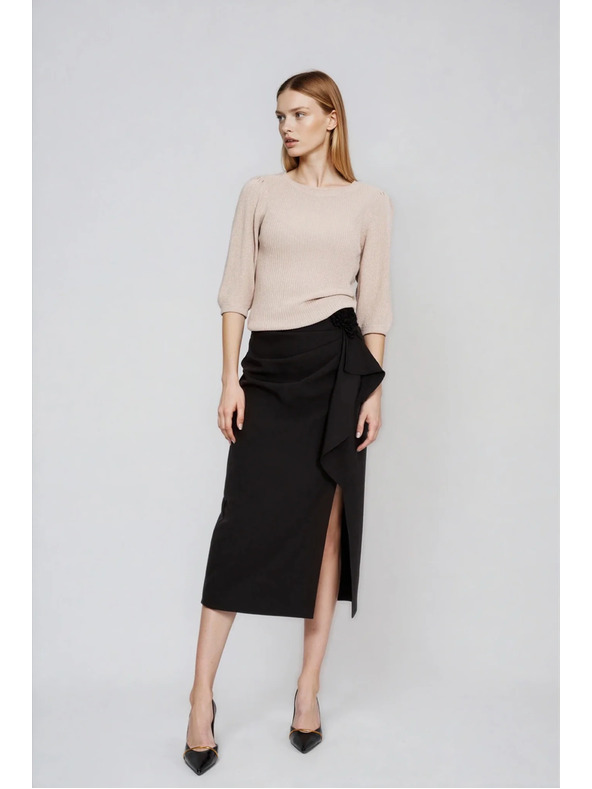 Moodo Rebrovaný sveter s nadýchanými rukávmi béžový Moodo