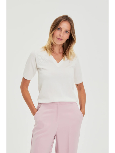 Moodo Biely sveter s krátkymi rukávmi a výstrihom do V Moodo