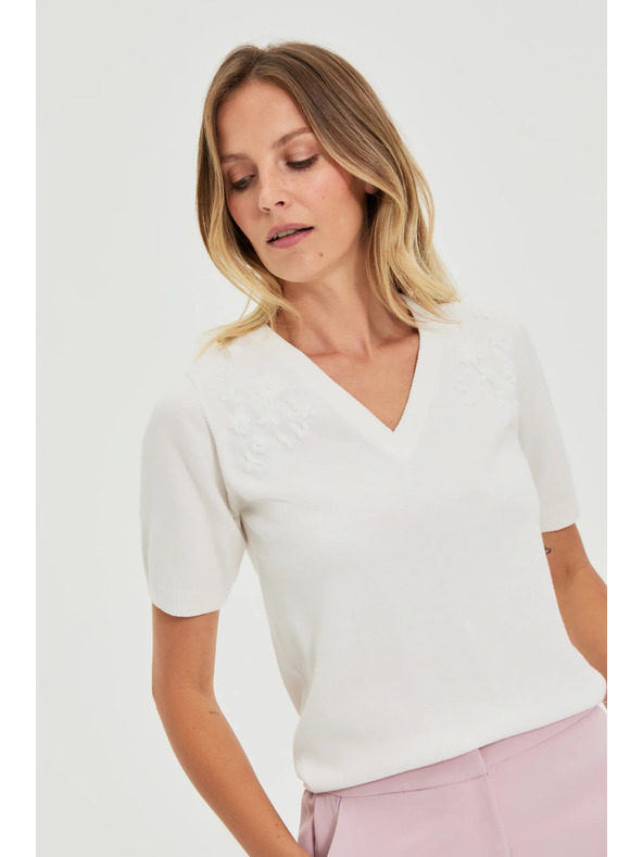 Moodo Biely sveter s krátkymi rukávmi a výstrihom do V Moodo