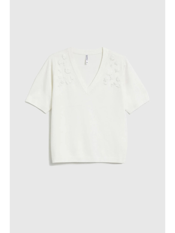 Moodo Biely sveter s krátkymi rukávmi a výstrihom do V Moodo