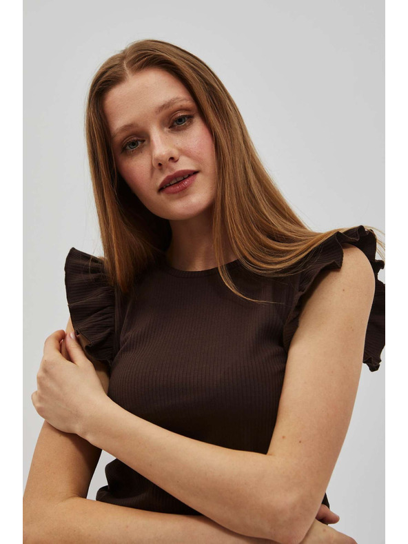 Moodo Tmavo hnedá blúzka s volánmi na ramenách Moodo