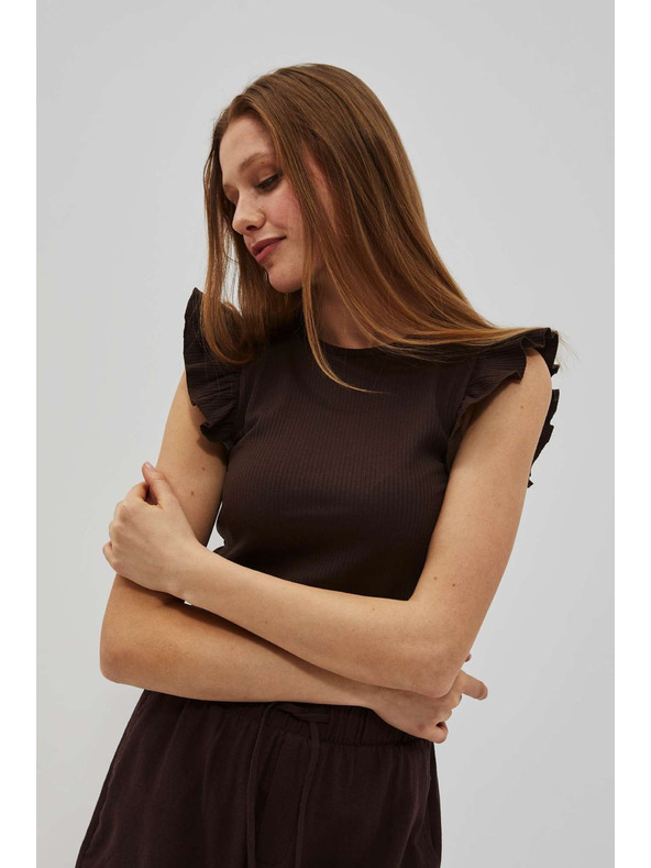 Moodo Tmavo hnedá blúzka s volánmi na ramenách Moodo