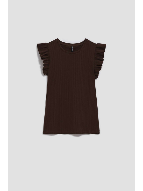 Moodo Tmavo hnedá blúzka s volánmi na ramenách Moodo