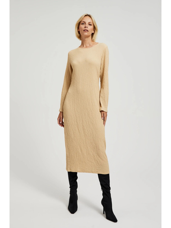 Moodo Béžové midi šaty s dlhým rukávom Moodo