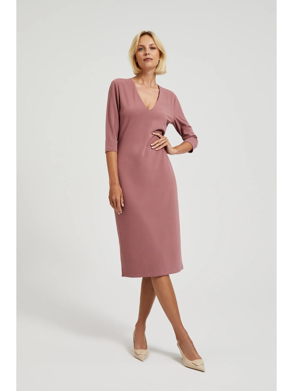Moodo Hladké šaty s výstrihom do V púdrovo ružové Moodo