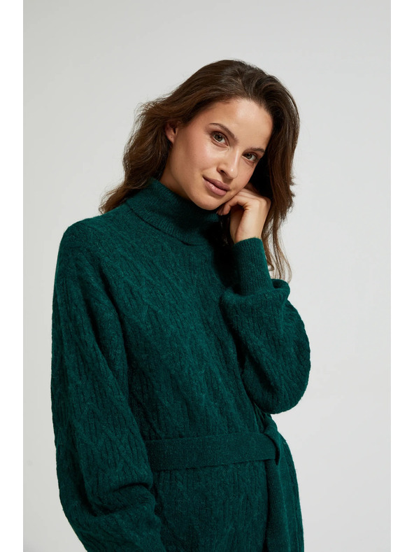 Moodo Pletené zelené šaty so stojačkou a nafúknutými rukávmi Moodo