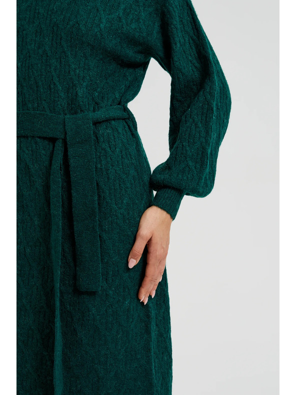Moodo Pletené zelené šaty so stojačkou a nafúknutými rukávmi Moodo