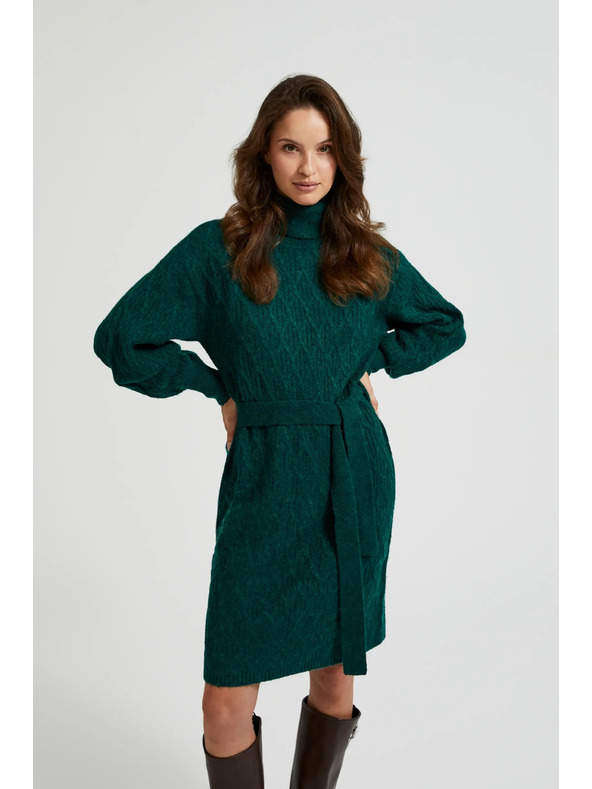 Moodo Pletené zelené šaty so stojačkou a nafúknutými rukávmi Moodo