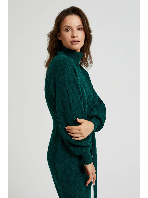 Moodo Pletené zelené šaty so stojačkou a nafúknutými rukávmi Moodo