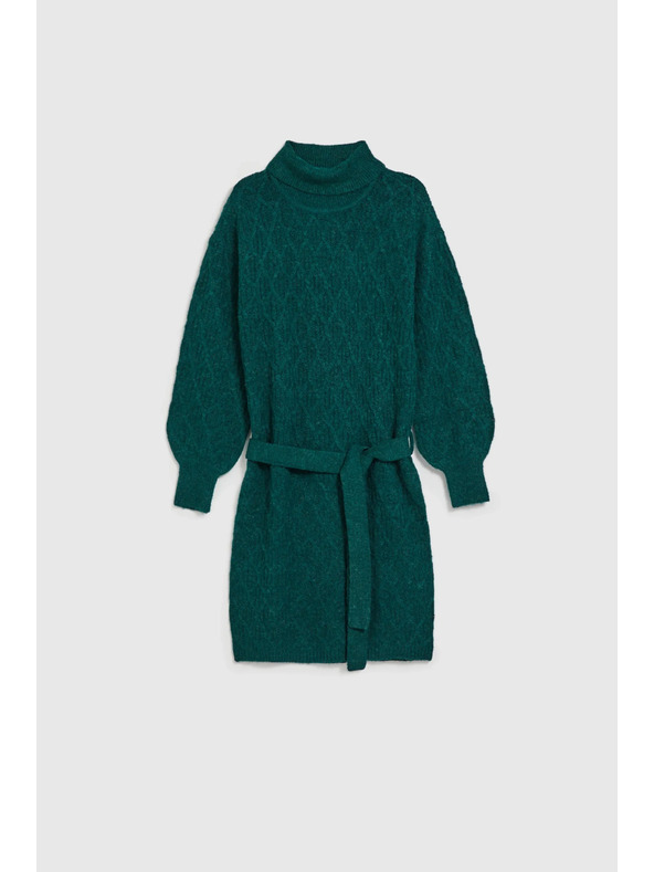 Moodo Pletené zelené šaty so stojačkou a nafúknutými rukávmi Moodo