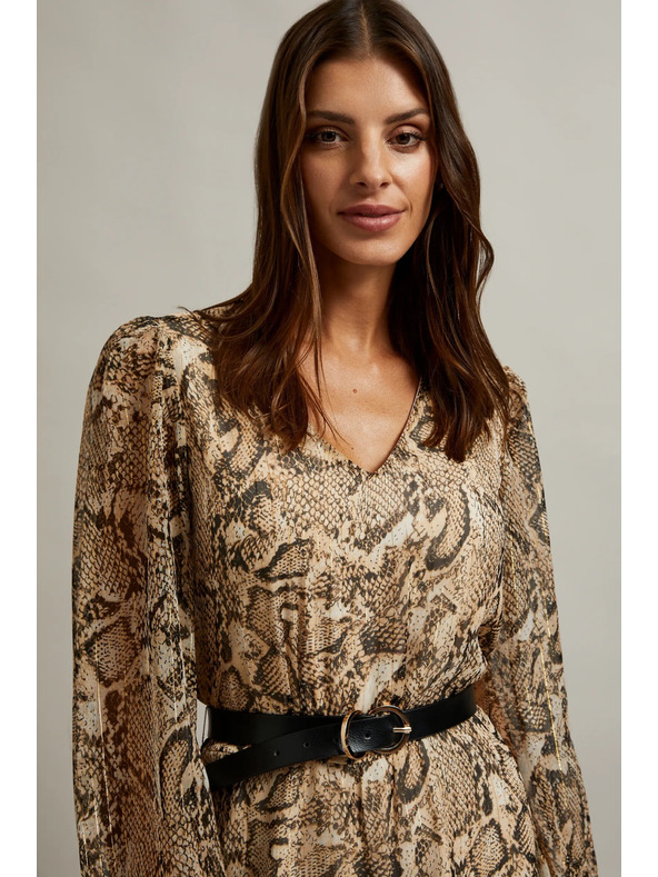 Moodo Béžové šaty s nafúknutými rukávmi a zvieracím vzorom Moodo