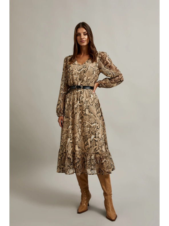 Moodo Béžové šaty s nafúknutými rukávmi a zvieracím vzorom Moodo