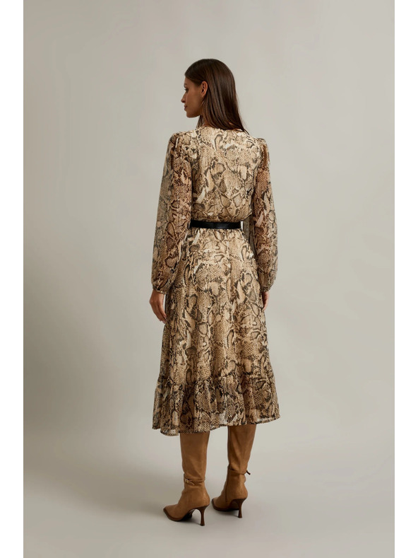 Moodo Béžové šaty s nafúknutými rukávmi a zvieracím vzorom Moodo