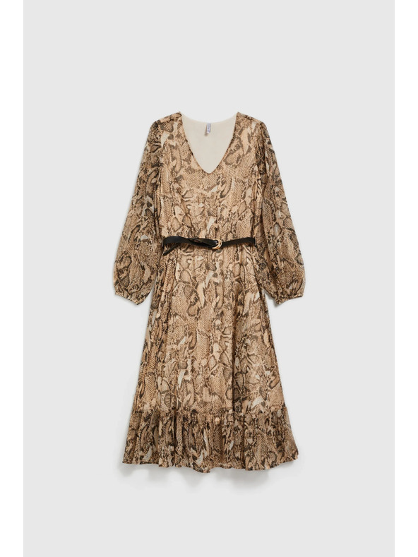 Moodo Béžové šaty s nafúknutými rukávmi a zvieracím vzorom Moodo