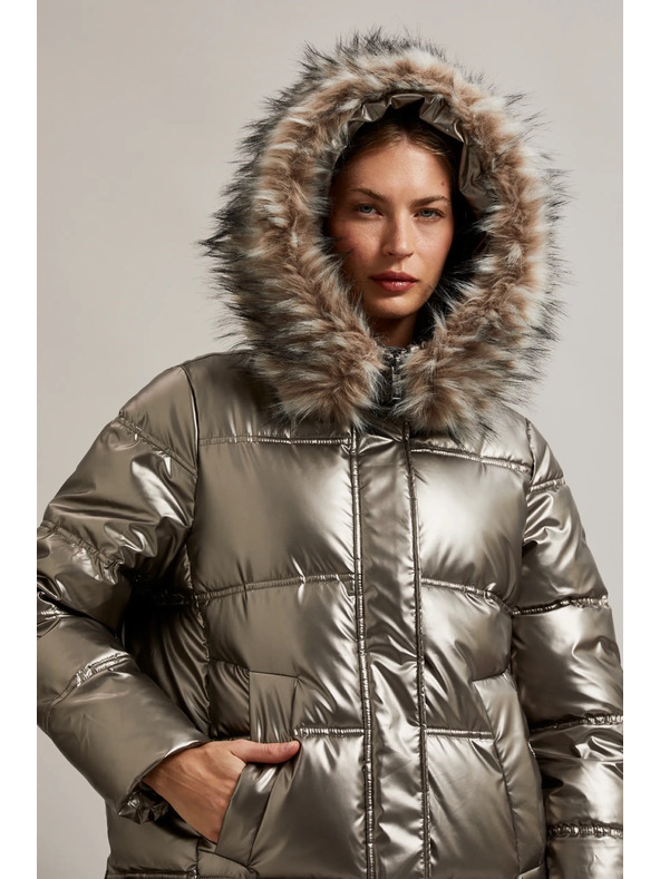 Moodo Metalická bunda s kožušinovým kapucňou béžová Moodo