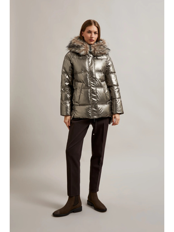 Moodo Metalická bunda s kožušinovým kapucňou béžová Moodo