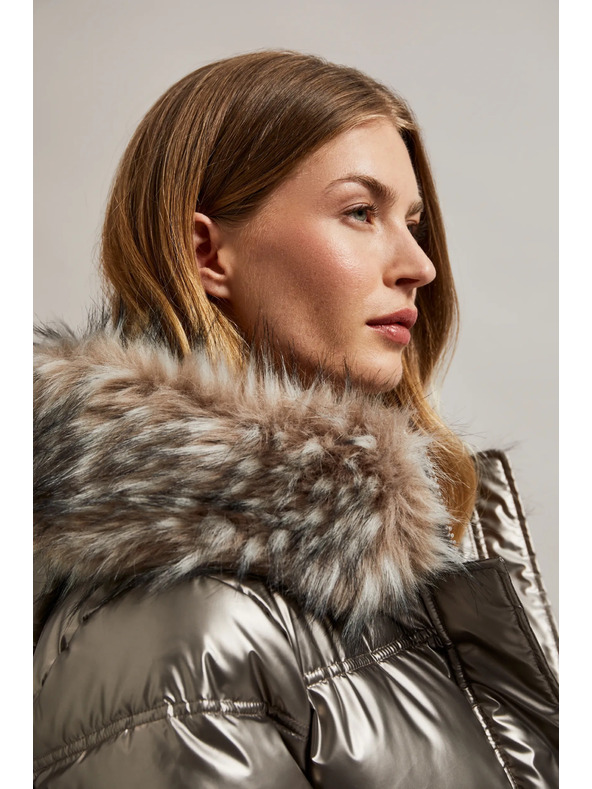 Moodo Metalická bunda s kožušinovým kapucňou béžová Moodo
