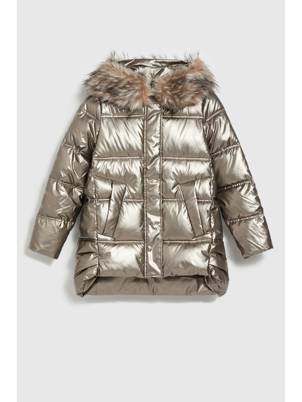 Moodo Metalická bunda s kožušinovým kapucňou béžová Moodo