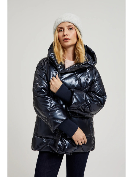 Moodo Prešívaná metalická bunda s kapucňou tmavo modrá Moodo