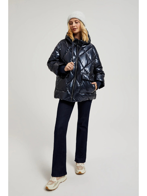 Moodo Prešívaná metalická bunda s kapucňou tmavo modrá Moodo