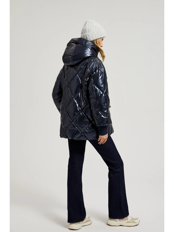 Moodo Prešívaná metalická bunda s kapucňou tmavo modrá Moodo