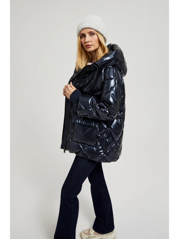 Moodo Prešívaná metalická bunda s kapucňou tmavo modrá Moodo