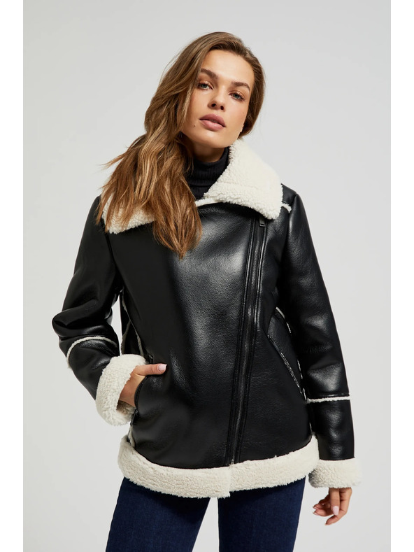 Moodo Čierna bunda s kožušinovým golierom Moodo