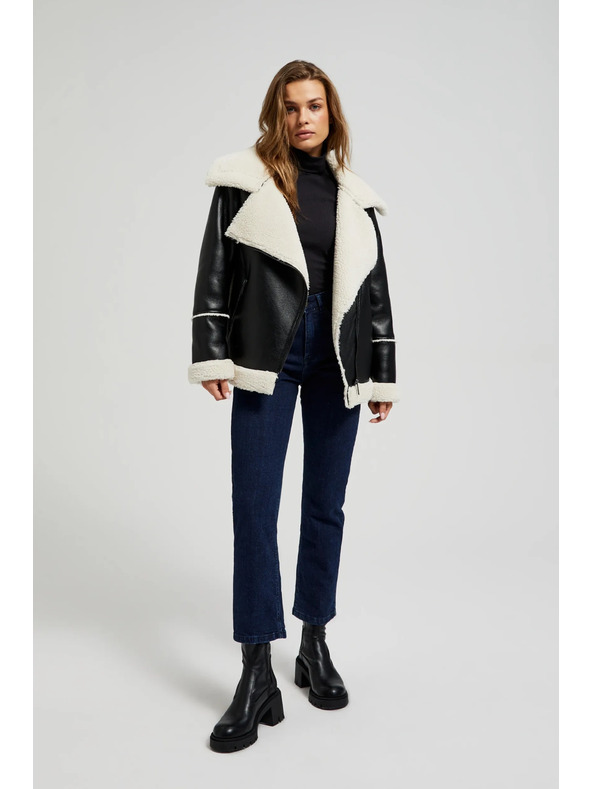 Moodo Čierna bunda s kožušinovým golierom Moodo